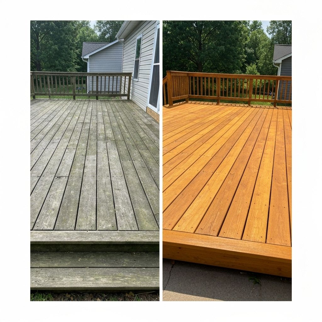 Deck restoration showing before and after power washing - weathered gray wood transformed to golden brown